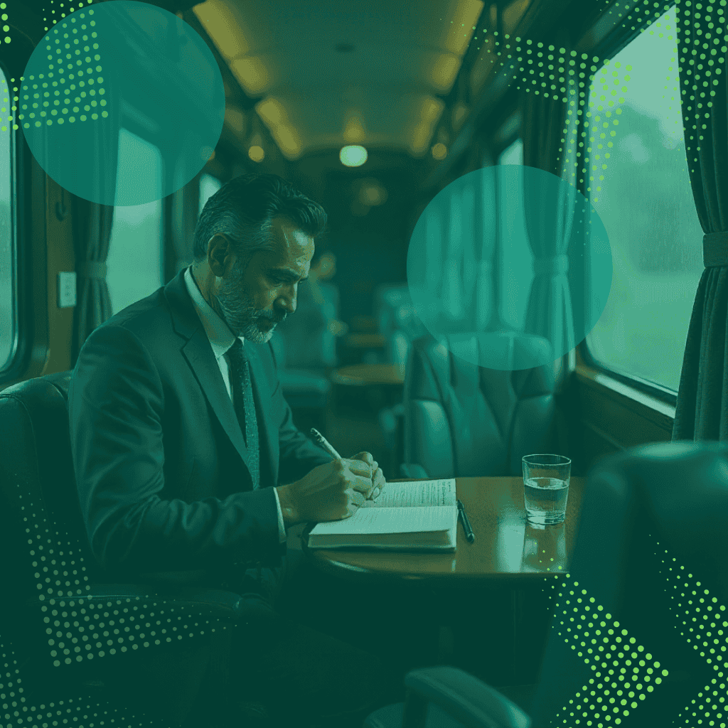 Interior of a luxury African train during a rainy season, elegant passenger cabins with raindrops on the glass, realistic textures of waterproofed canvas and teak wood, horizontal layout, a Hispanic male passenger writing in a journal.