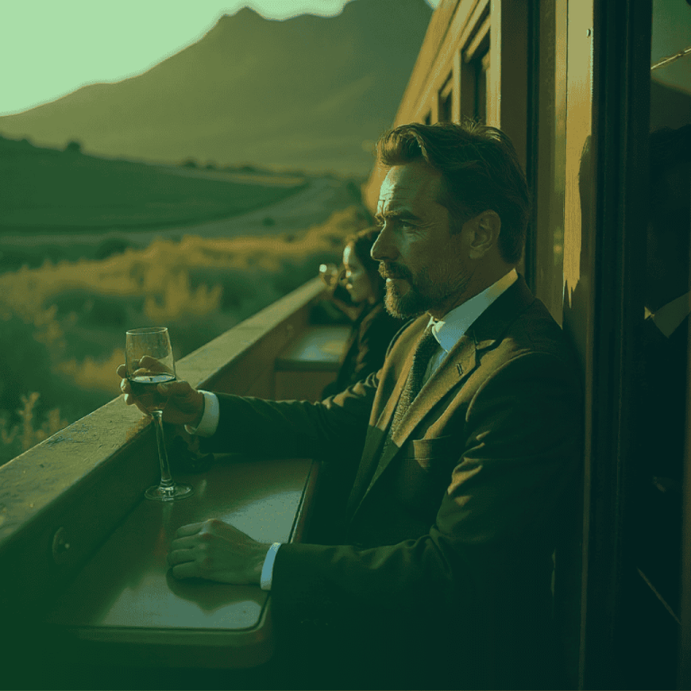 Passengers enjoying red wine along the open corridor of a luxury train on one of Africa’s Luxury Train Routes Africa through scenic landscapes.