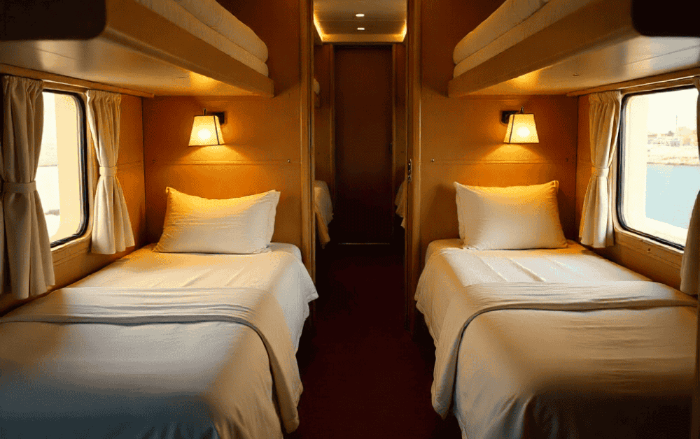 Luxury train routes in Africa aboard the Cairo to Luxor sleeper train, showing cozy cabins with bunk beds and warm lighting.