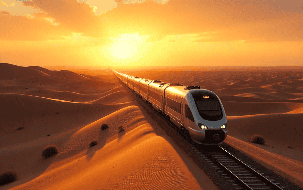 Luxury train routes in Africa with Al Boraq high-speed train crossing the Moroccan desert at sunset, ONCF lines stretching into the horizon and golden sand dunes.
