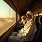 Luxury train Routes in Africa , Egyptian men: dressed in traditional galabeya robes and taqiya caps, gazing out of a train window at the expansive desert landscape, embodying the timeless spirit of Nile Valley travel_rails voyage