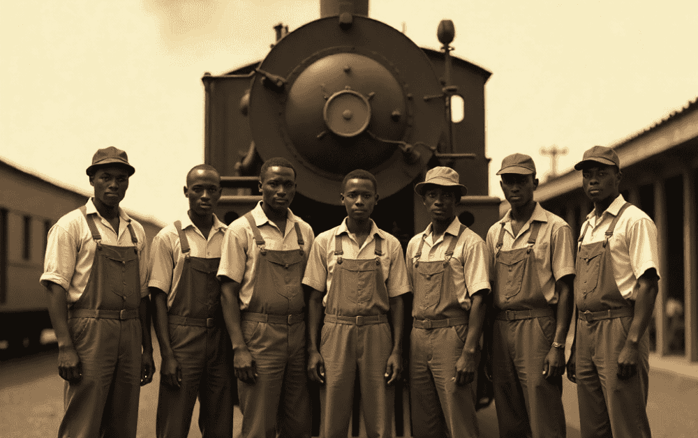 Historic photo of workers, alt text: “Railway workers – human legacy in African rail history.”