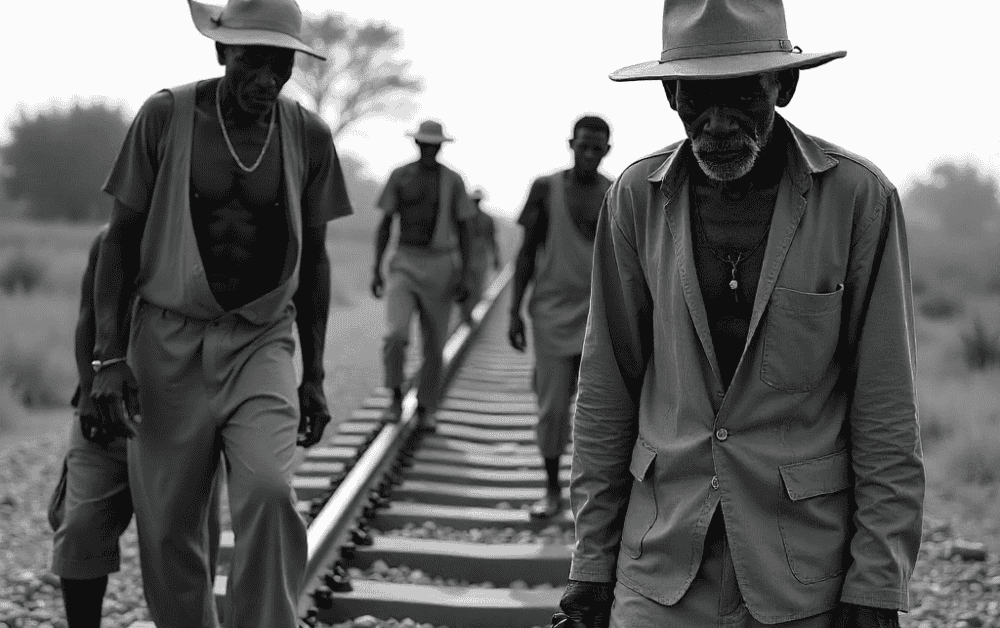 African railway workers building tracks, reflecting the human cost of African railway heritage.