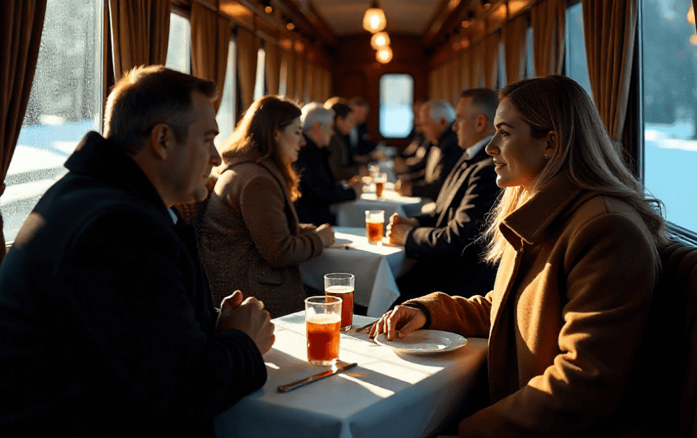 The Blue Train dining car with white linen tables and fine dining service.