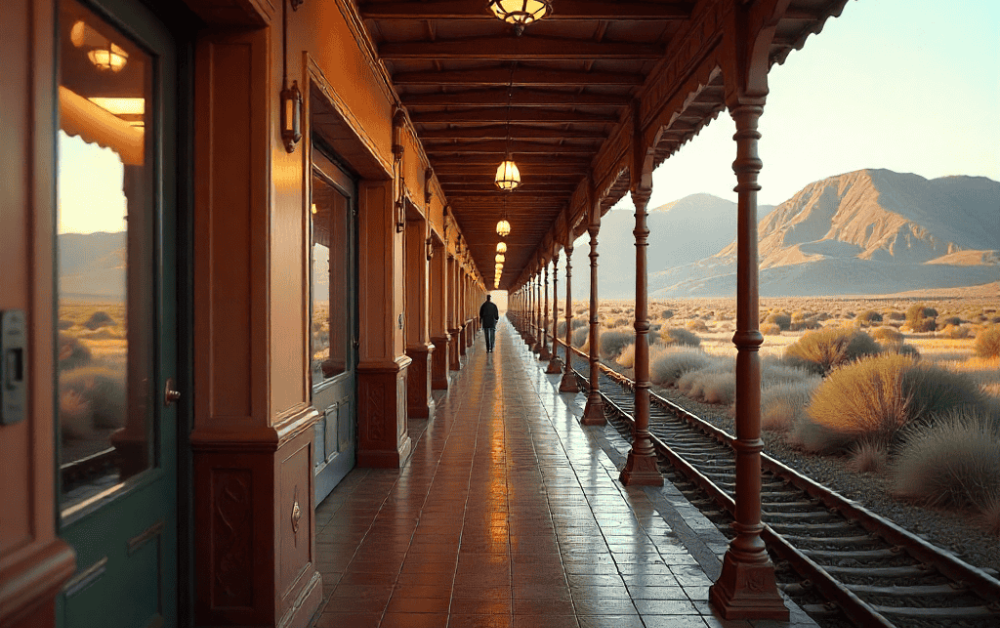 Modern Cairo luxury train station at dawn with glass and steel design, pyramids in the background, and Egyptian travelers rushing for the high-speed train.”
