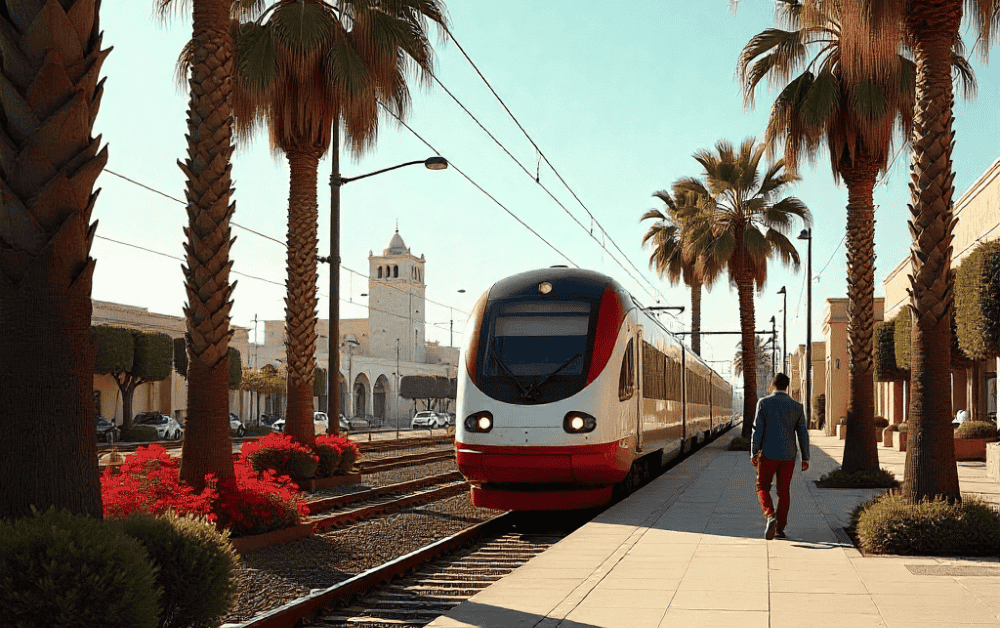 Tangier Ville luxury train station in Morocco on a clear summer day, with a modern high-speed Al Boraq train stationary, surrounded by palm trees and vibrant bougainvillea.