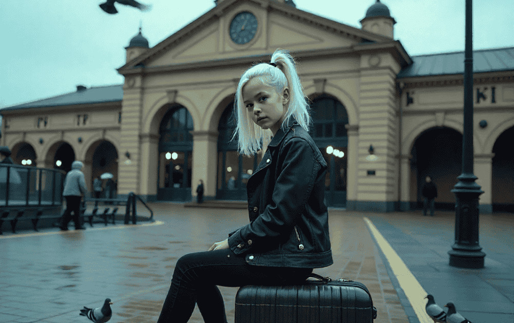 Pretoriatrain station, South Africa, Edwardian architecture, overcast day, pigeons flying around the station, white teenage girl with dyed hair wearing a punk outfit, sitting on her luggage.