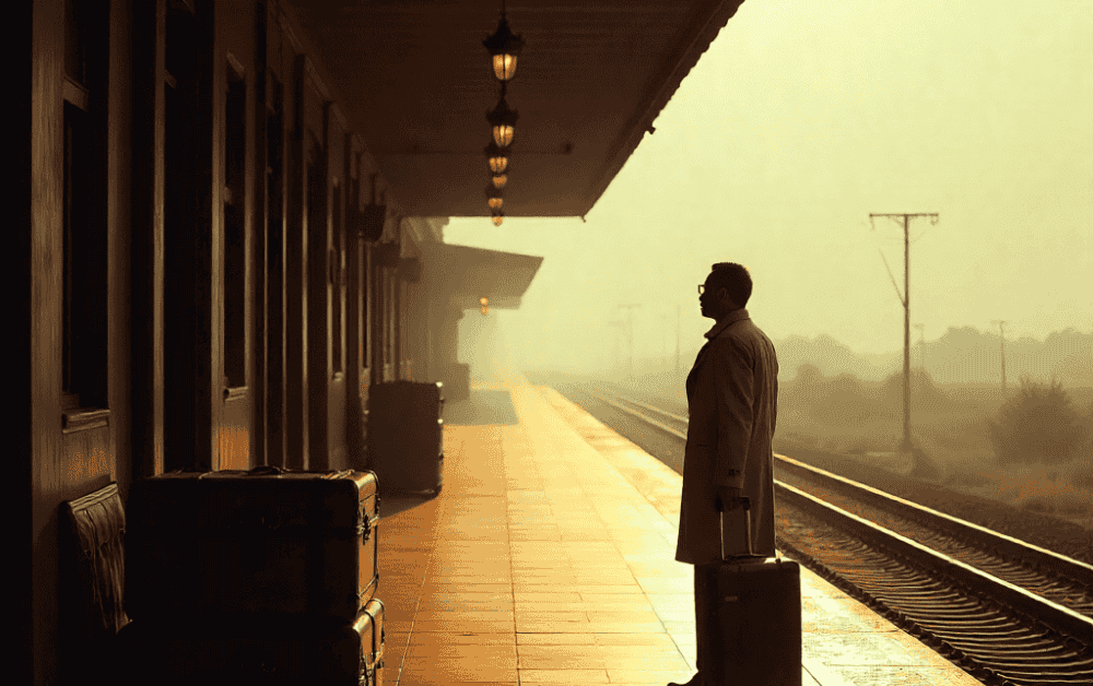 Windhoek  Namibia, colonial German design, foggy morning, soft light filtering through the mist, Namib desert landscape in the background, a lone businessman in a trench coat waiting, vintage luggage stacked nearby.