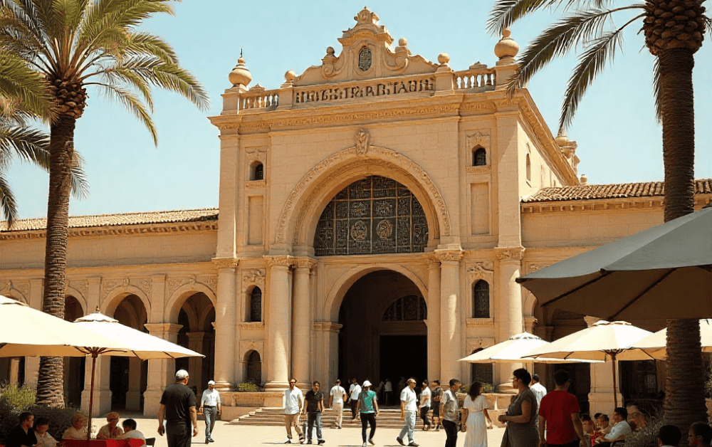Cairo Ramses luxury train hubs, Egypt, historic facade, summer, bright sunlight, people seeking shade under umbrellas, a bustling marketplace nearby, vibrant colors and activity.