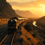 Digital illustration of a classic luxury train moving along a historic African railway bridge at sunset, showcasing the engineering marvels central to the history of African railways. The golden scenic backdrop features a vast savanna with acacia trees, giraffes grazing nearby, a winding river, and distant mountains.