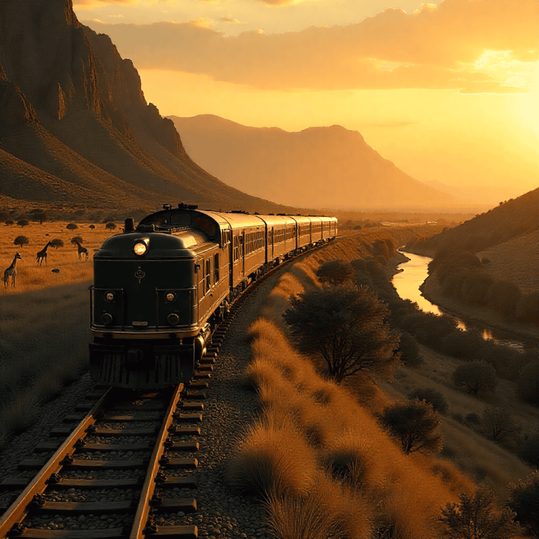 Digital illustration of a classic luxury train moving along a historic African railway bridge at sunset, showcasing the engineering marvels central to the history of African railways. The golden scenic backdrop features a vast savanna with acacia trees, giraffes grazing nearby, a winding river, and distant mountains.