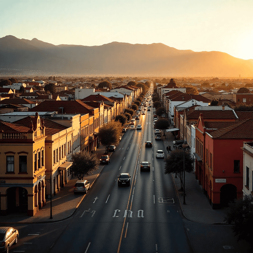 Windhoek Namibia skyline at sunset with German colonial buildings, modern downtown, and the Auas Mountains in the background.