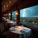 Luxury train service dining car in Africa with elegant white-linen setting and panoramic views.