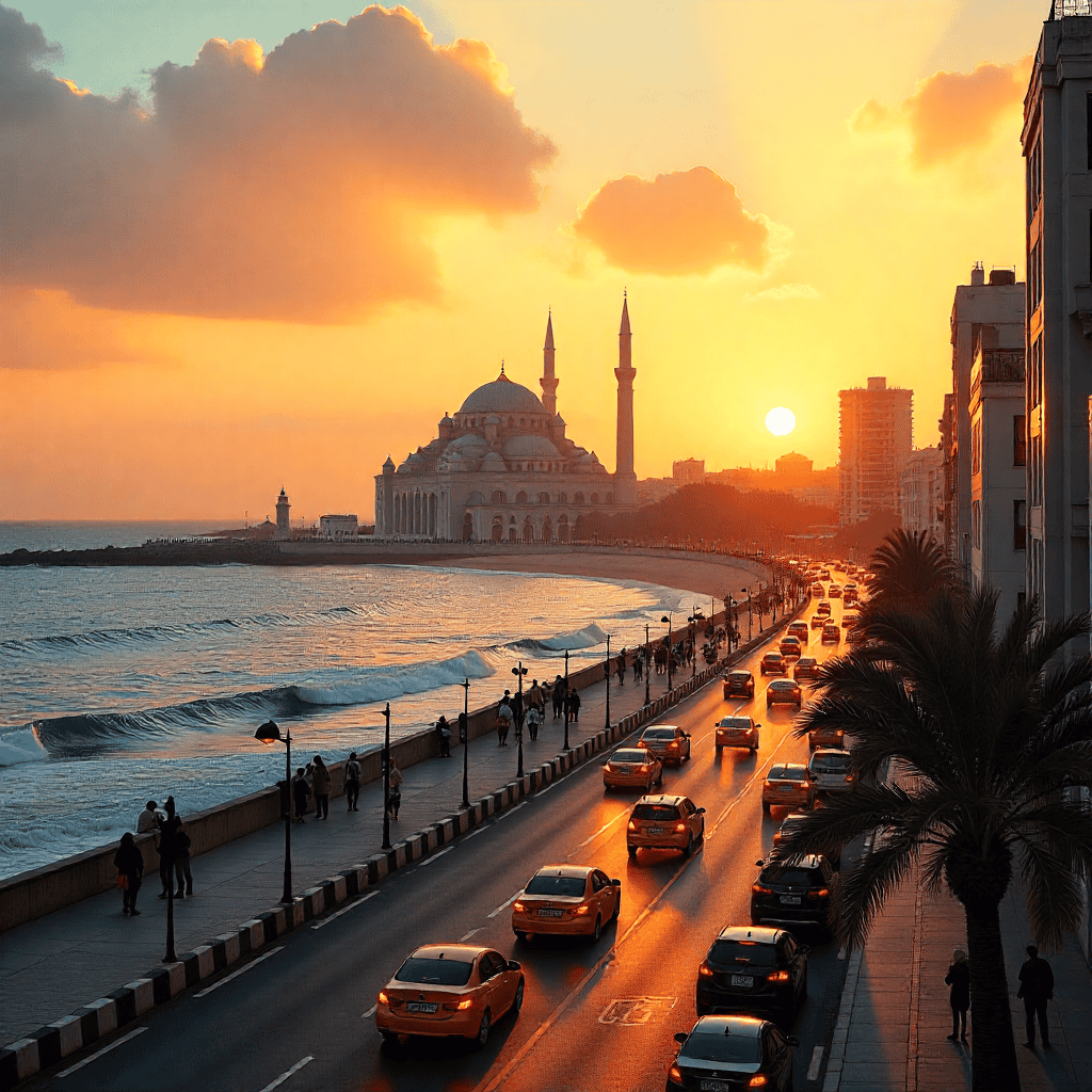 Casablanca Morocco skyline at sunset with Hassan II Mosque, Atlantic coastline, and glowing city lights.