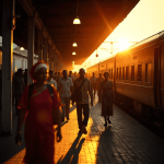 Bustling African railway station at sunset with colonial architecture, modern trains, and travelers, showcasing African railway heritage legacy.