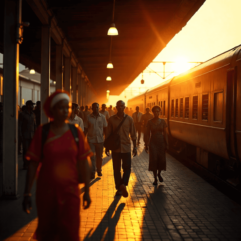 Bustling African railway station at sunset with colonial architecture, modern trains, and travelers, showcasing African railway heritage legacy.