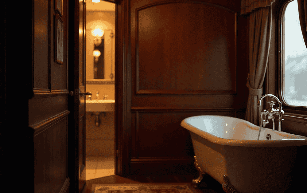 Rovos Rail Royal Suite with vintage wood décor and en-suite bathroom.
